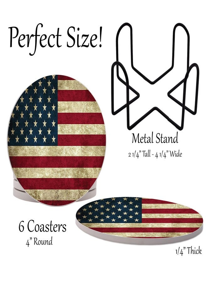 DAJDC USA American Flag United States Round Coasters Set of 6 - Abosrbent Ceramic with Metal Stand for Drinks, Coffee, Non-Slip Cork Back for Tabletop Protection, 4 Inches (Rustic) - Image 2